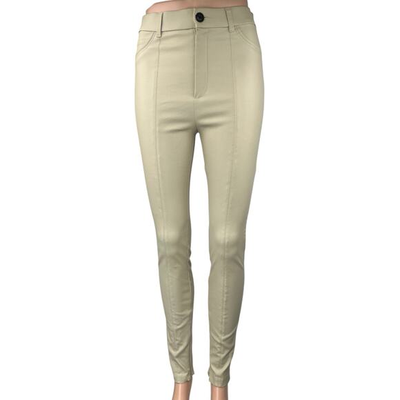 Zara Beige Faux Vegan Leather Skinny Slim High Waist Trousers Pants Size S - Picture 1 of 5